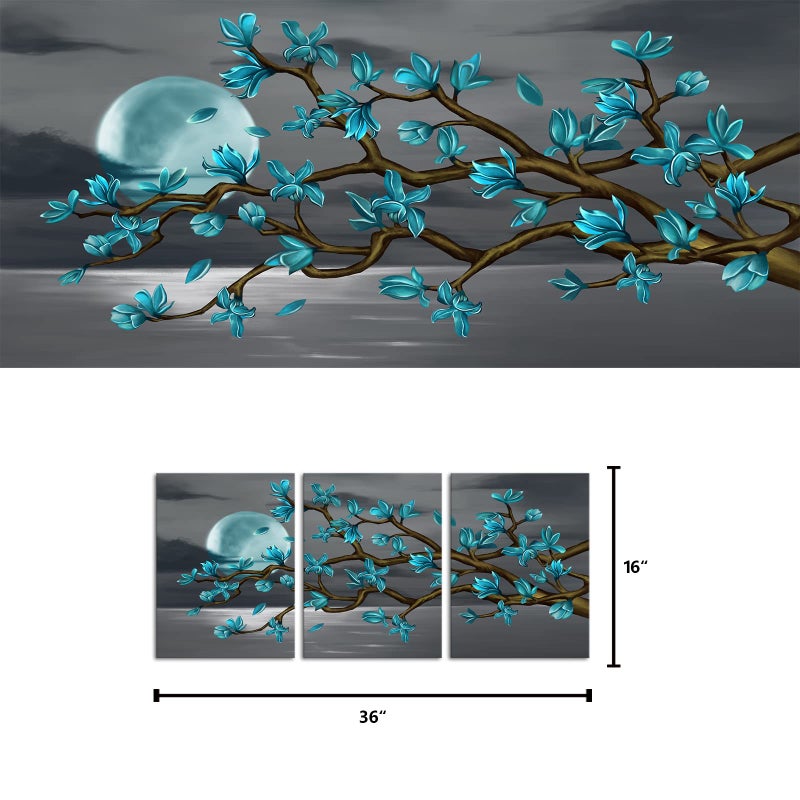 Visual Art Decor Turquoise Flowers Wall Art Teal Magnolia Full Moon Sea Seascape Canvas Prints, Framed Art, Turquoise Bedroom Living Room Home Office Decoration 3 Pieces - Image 5
